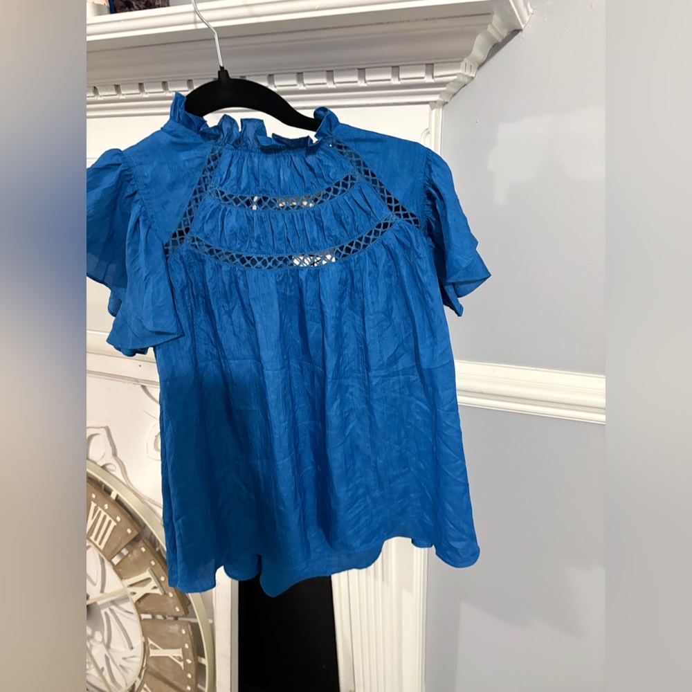 Blue Ruffled Women's Top $74 tags - Picture 3 of 6